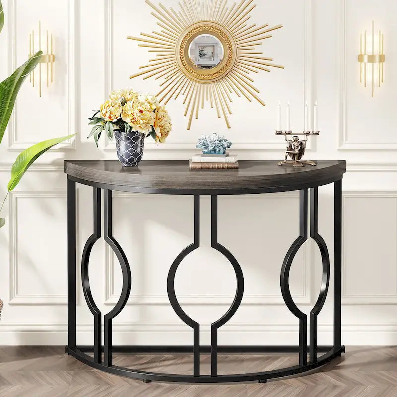 Console demi-lune pour entrée, table de canapé semi-circulaire avec base géométrique