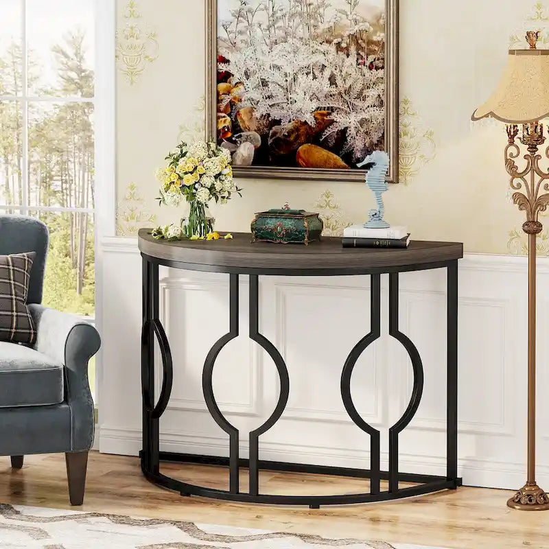 Console demi-lune pour entrée, table de canapé semi-circulaire avec base géométrique