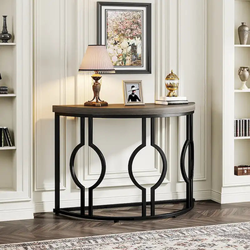 Console demi-lune pour entrée, table de canapé semi-circulaire avec base géométrique