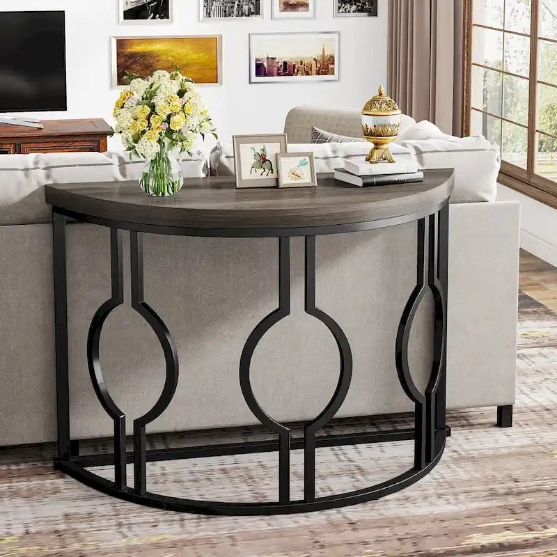 Console demi-lune pour entrée, table de canapé semi-circulaire avec base géométrique