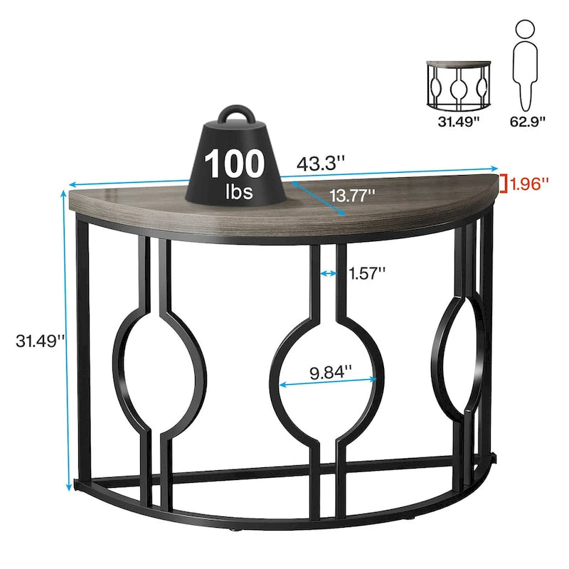 Console demi-lune pour entrée, table de canapé semi-circulaire avec base géométrique