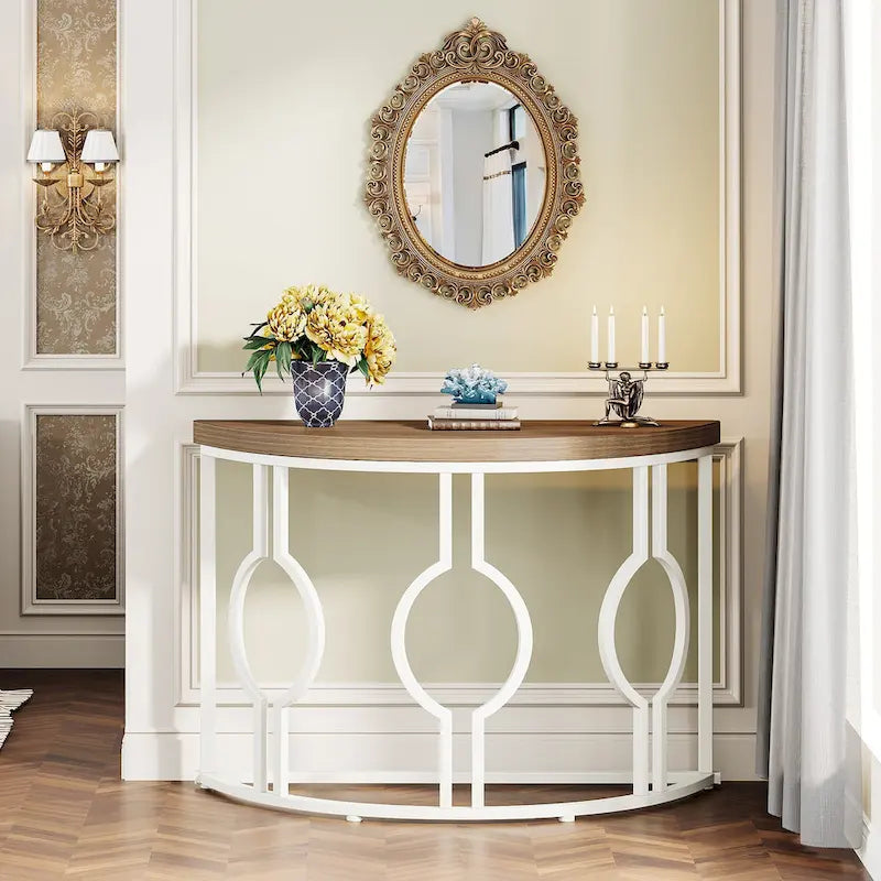 Console demi-lune pour entrée, table de canapé semi-circulaire avec base géométrique