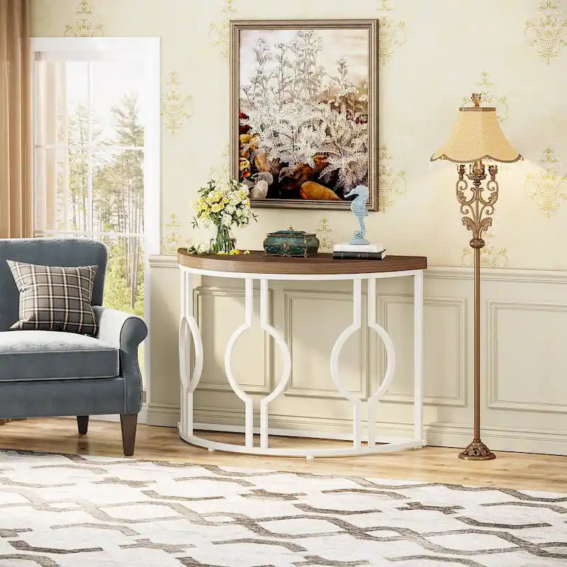 Console demi-lune pour entrée, table de canapé semi-circulaire avec base géométrique