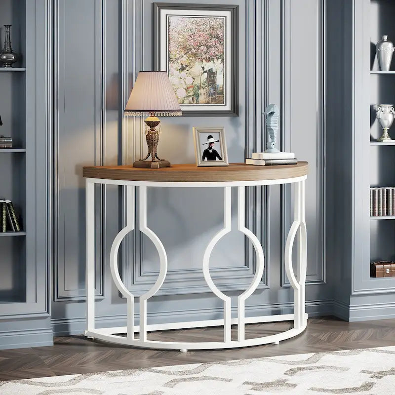 Console demi-lune pour entrée, table de canapé semi-circulaire avec base géométrique