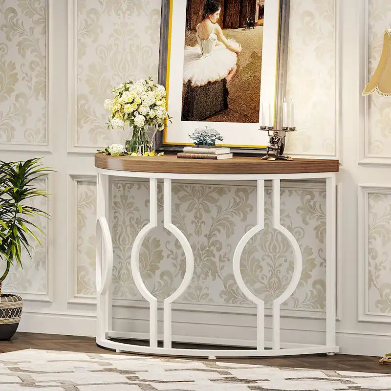 Console demi-lune pour entrée, table de canapé semi-circulaire avec base géométrique