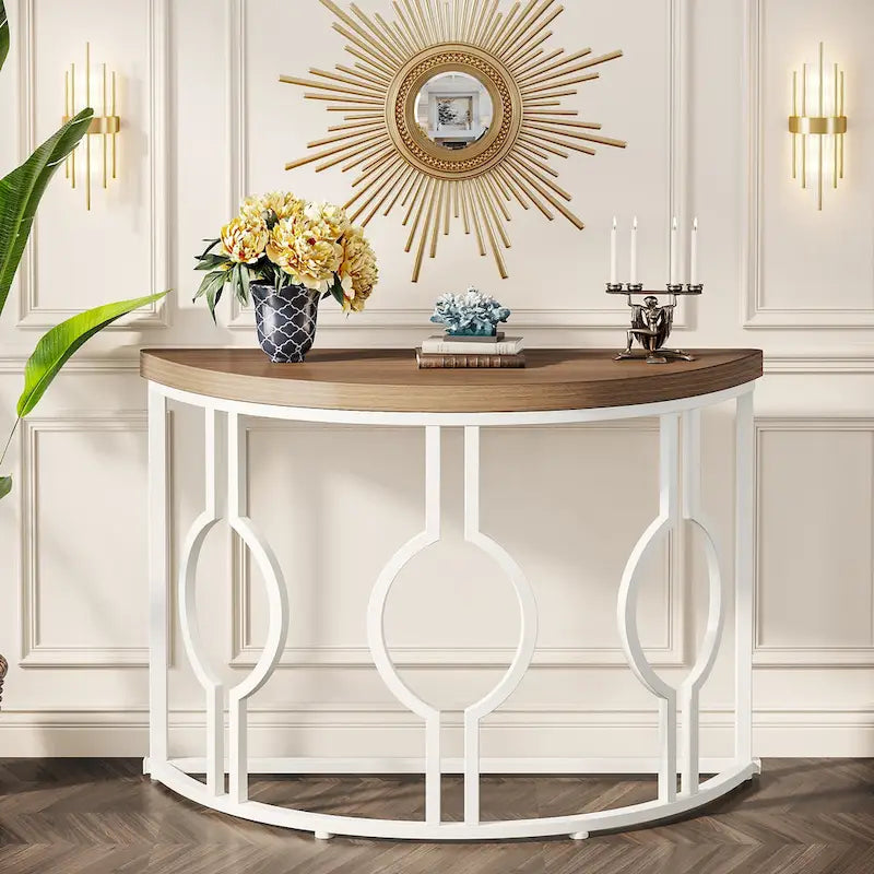 Console demi-lune pour entrée, table de canapé semi-circulaire avec base géométrique