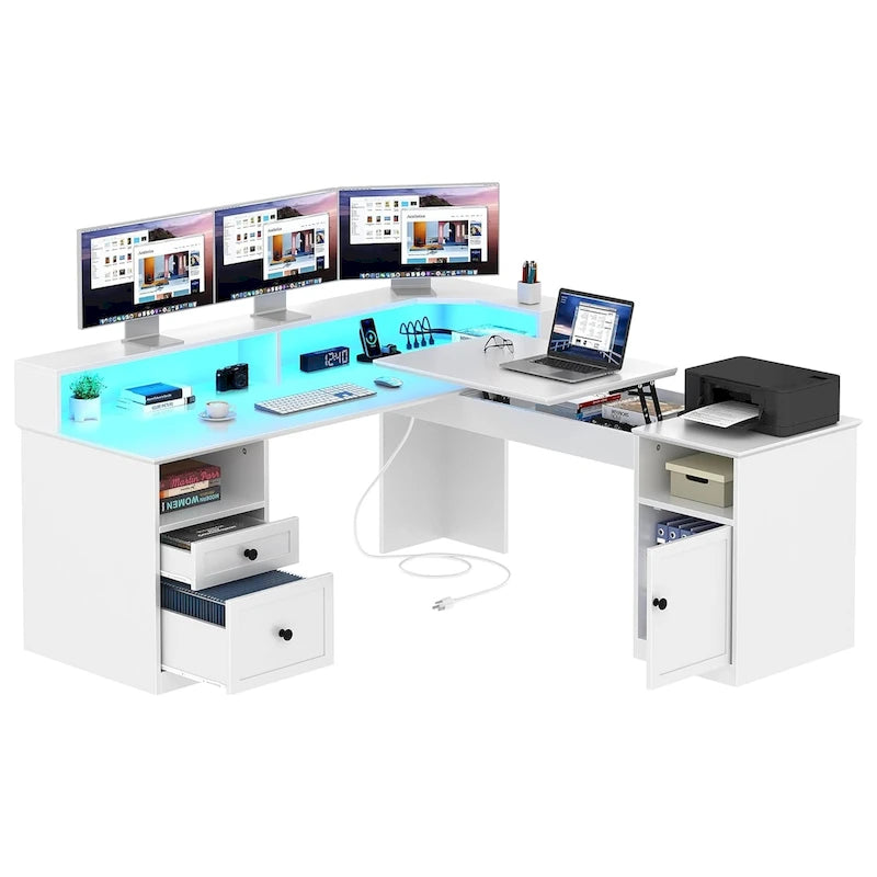 Bureau d'angle en L de 150 cm avec LED, bureau d'ordinateur de jeu avec classeur et plateau élévateur
