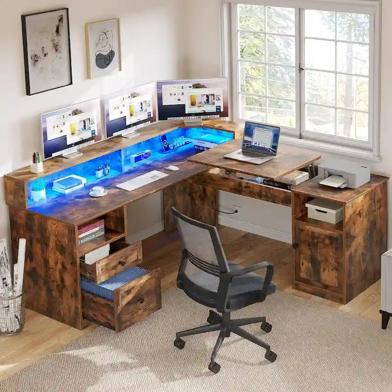 Moasis 59 L Shaped Desk Corner LED Computer Gaming Desk with File Cabinet and Lift Table Top