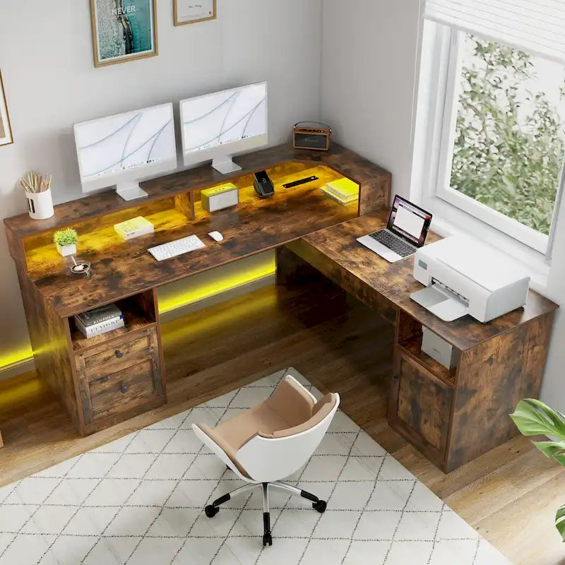 Bureau d'angle en L de 150 cm avec LED, bureau d'ordinateur de jeu avec classeur et plateau élévateur