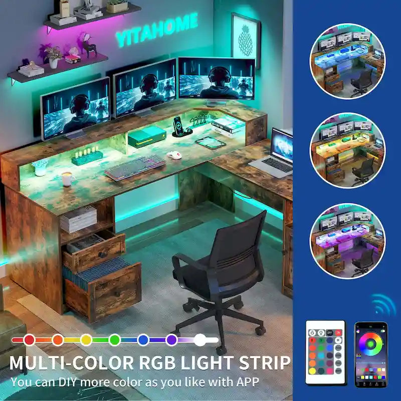 Bureau d'angle en L de 150 cm avec LED, bureau d'ordinateur de jeu avec classeur et plateau élévateur