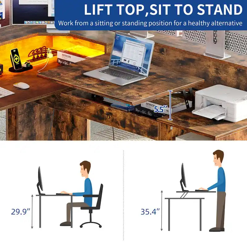Bureau d'angle en L de 150 cm avec LED, bureau d'ordinateur de jeu avec classeur et plateau élévateur