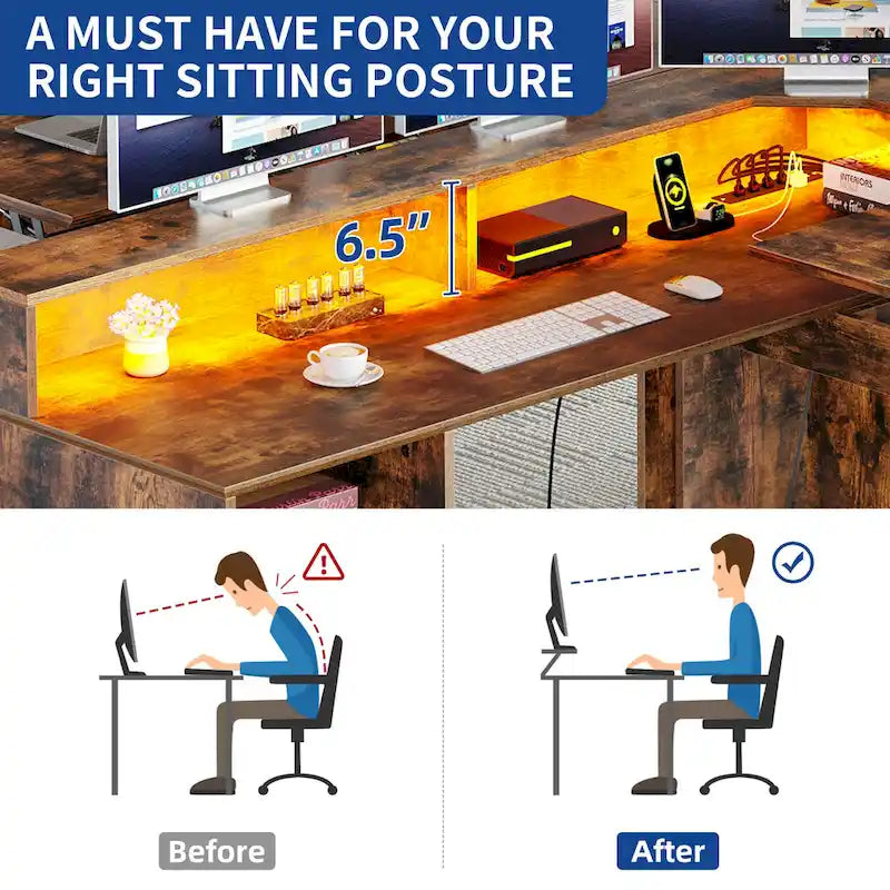 Bureau d'angle en L de 150 cm avec LED, bureau d'ordinateur de jeu avec classeur et plateau élévateur