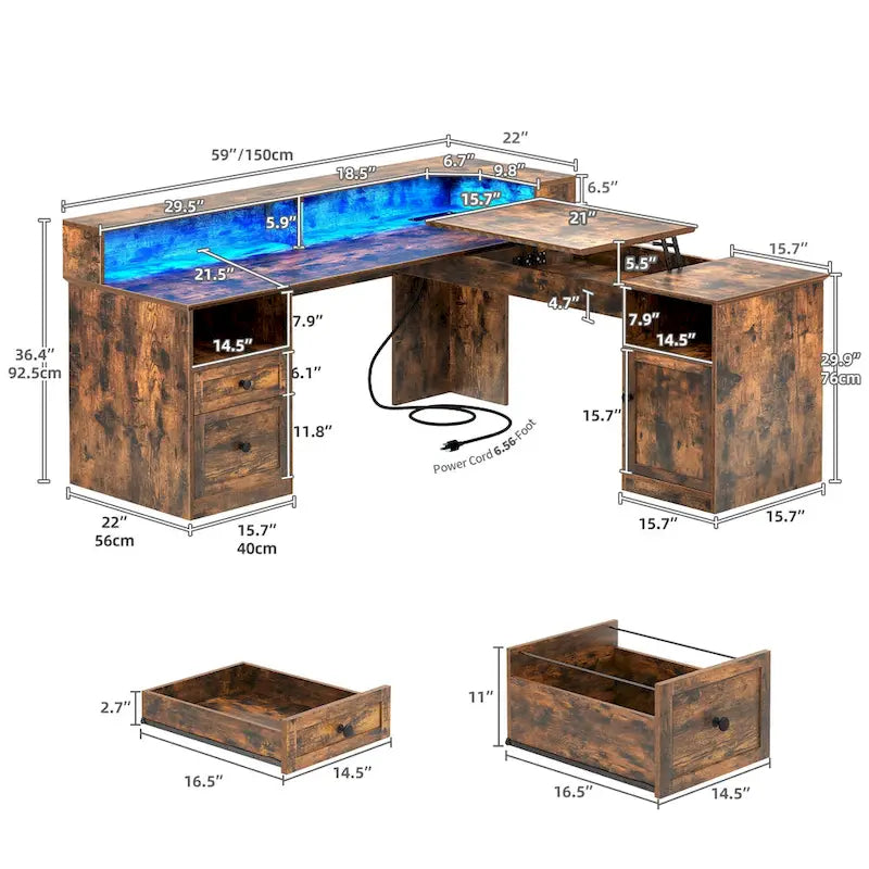 Bureau d'angle en L de 150 cm avec LED, bureau d'ordinateur de jeu avec classeur et plateau élévateur