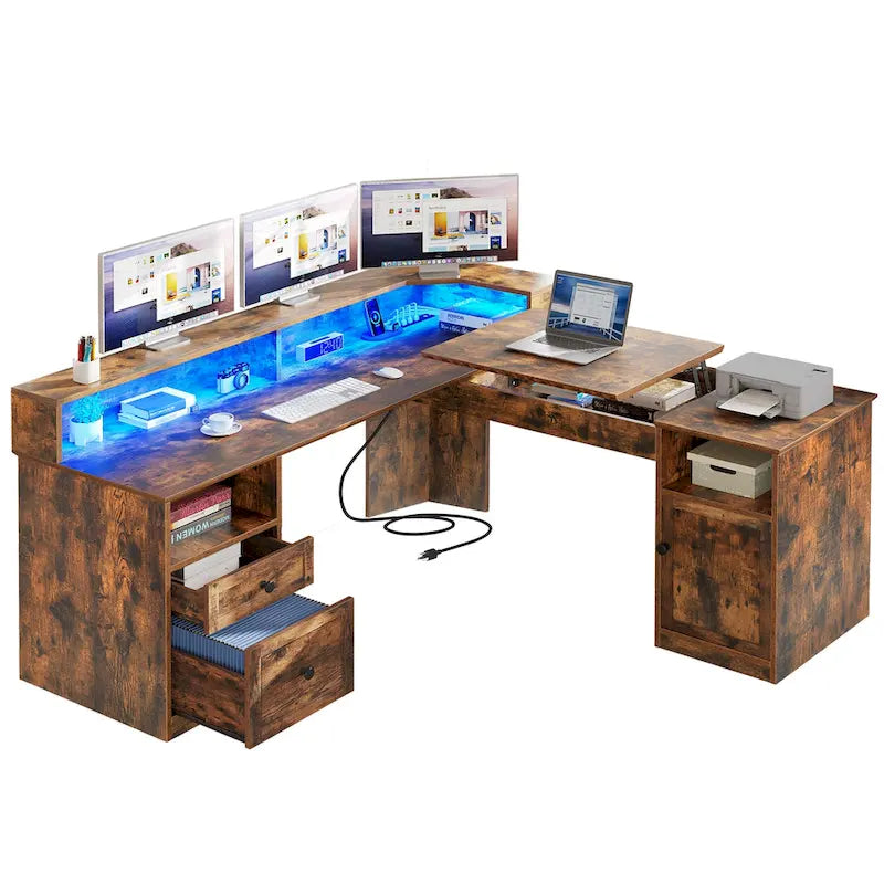 Bureau d'angle en L de 150 cm avec LED, bureau d'ordinateur de jeu avec classeur et plateau élévateur