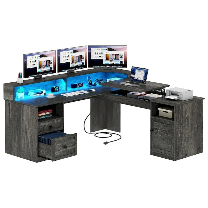 Bureau d'angle en L de 150 cm avec LED, bureau d'ordinateur de jeu avec classeur et plateau élévateur