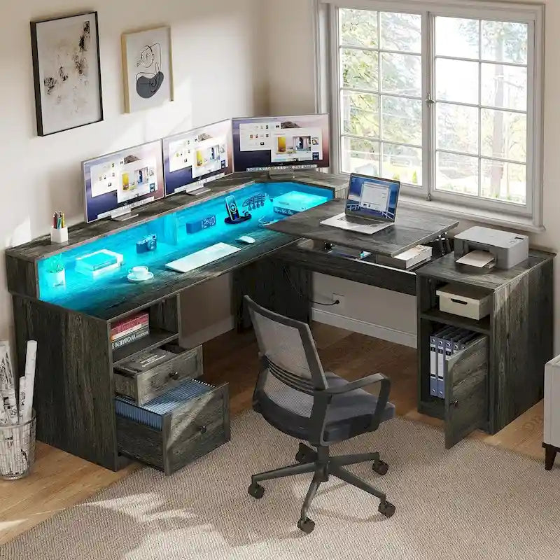 Bureau d'angle en L de 150 cm avec LED, bureau d'ordinateur de jeu avec classeur et plateau élévateur