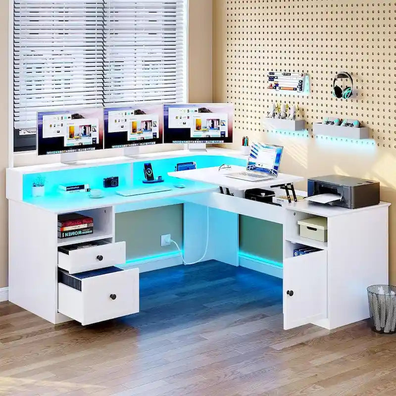 Bureau d'angle en L de 150 cm avec LED, bureau d'ordinateur de jeu avec classeur et plateau élévateur
