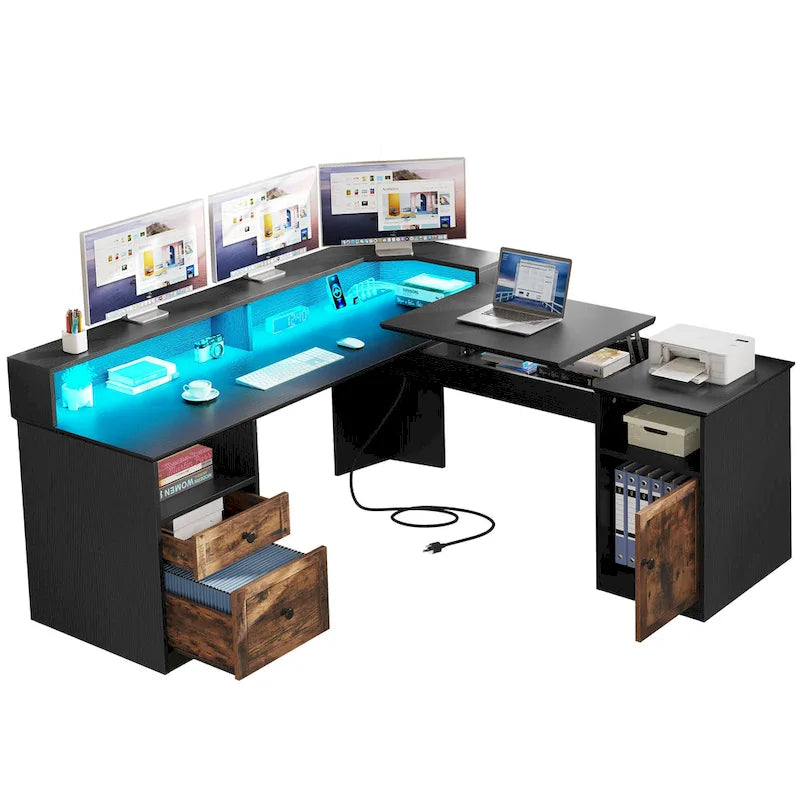 Bureau d'angle en L de 150 cm avec LED, bureau d'ordinateur de jeu avec classeur et plateau élévateur