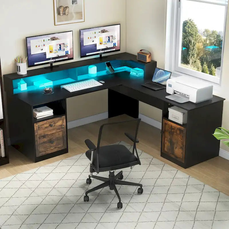 Bureau d'angle en L de 150 cm avec LED, bureau d'ordinateur de jeu avec classeur et plateau élévateur