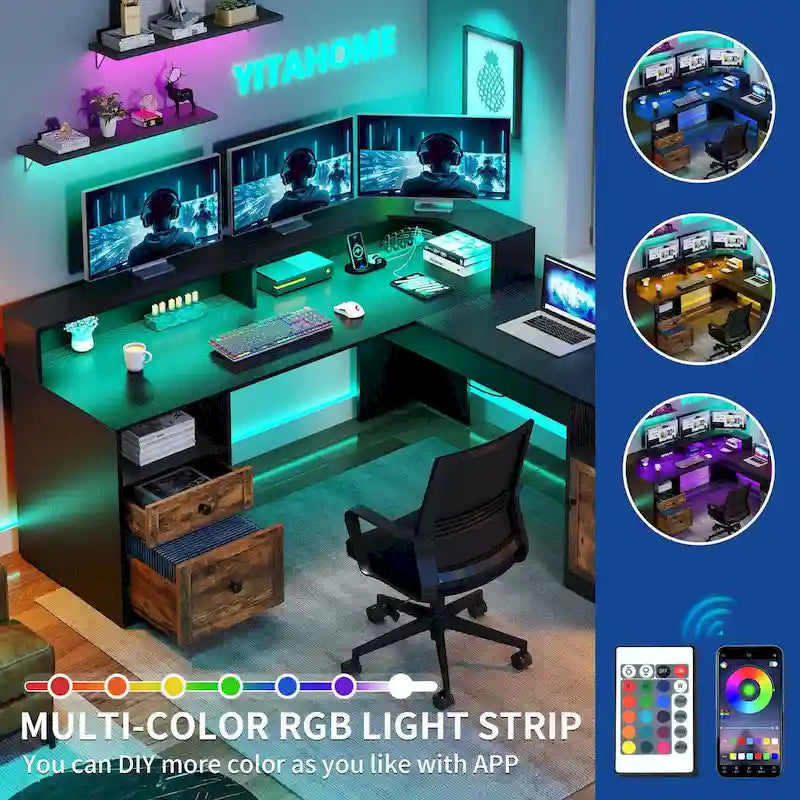 Bureau d'angle en L de 150 cm avec LED, bureau d'ordinateur de jeu avec classeur et plateau élévateur