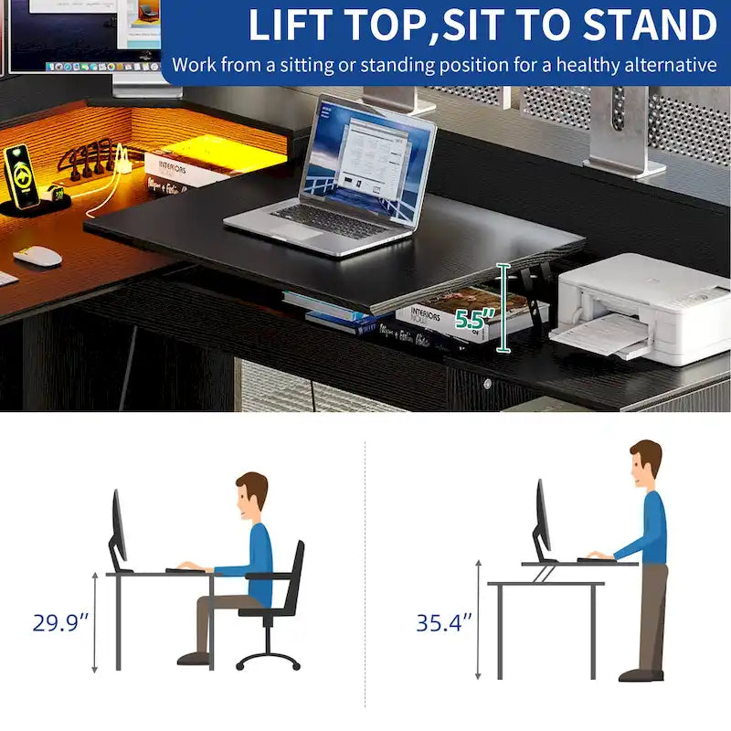 Bureau d'angle en L de 150 cm avec LED, bureau d'ordinateur de jeu avec classeur et plateau élévateur