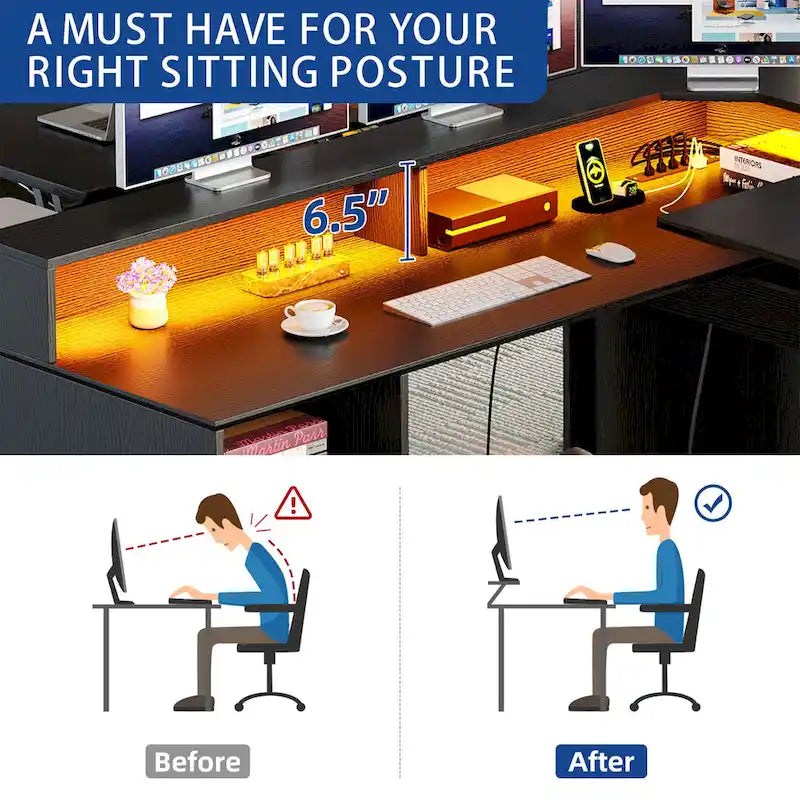 Bureau d'angle en L de 150 cm avec LED, bureau d'ordinateur de jeu avec classeur et plateau élévateur