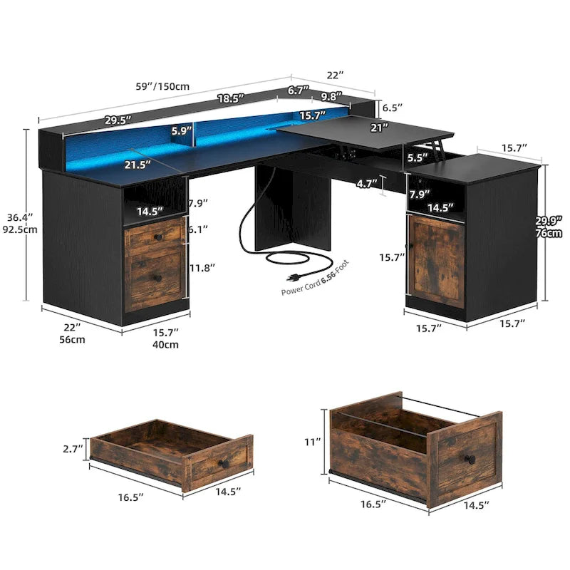 Bureau d'angle en L de 150 cm avec LED, bureau d'ordinateur de jeu avec classeur et plateau élévateur