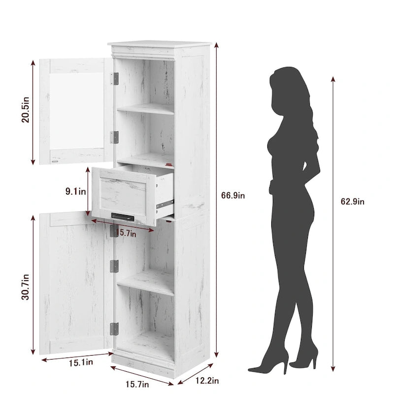Meuble de salle de bain haut, Armoire de rangement étroite avec portes et étagère réglable