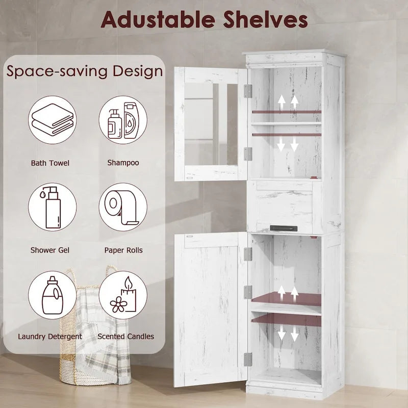Meuble de salle de bain haut, Armoire de rangement étroite avec portes et étagère réglable