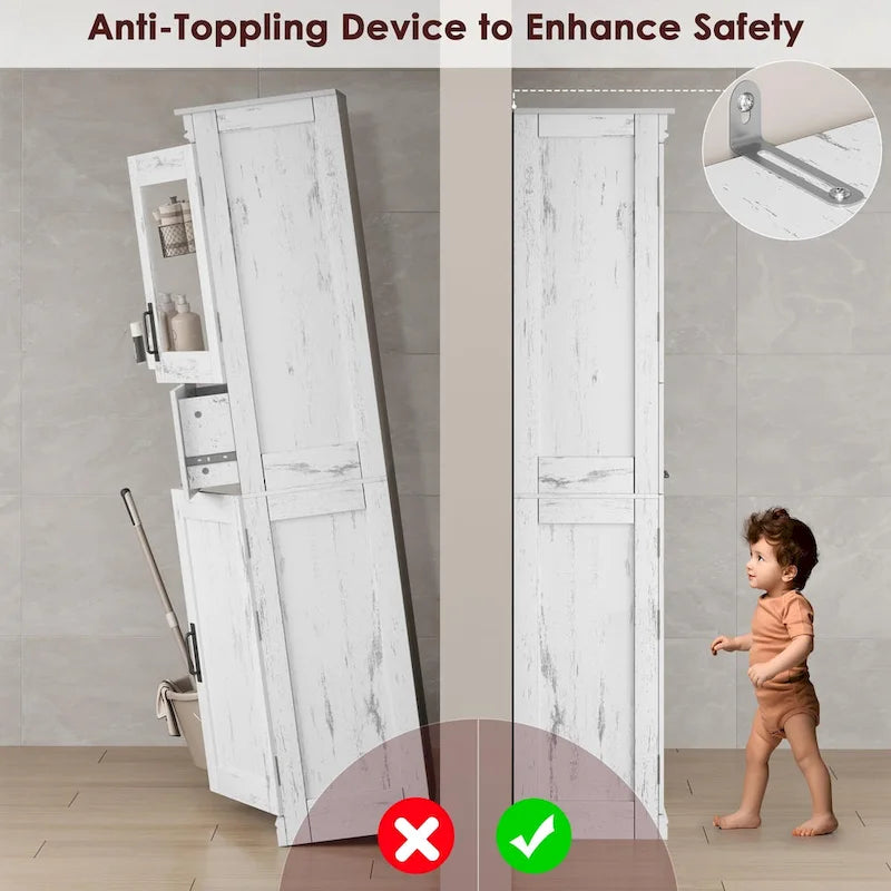 Meuble de salle de bain haut, Armoire de rangement étroite avec portes et étagère réglable