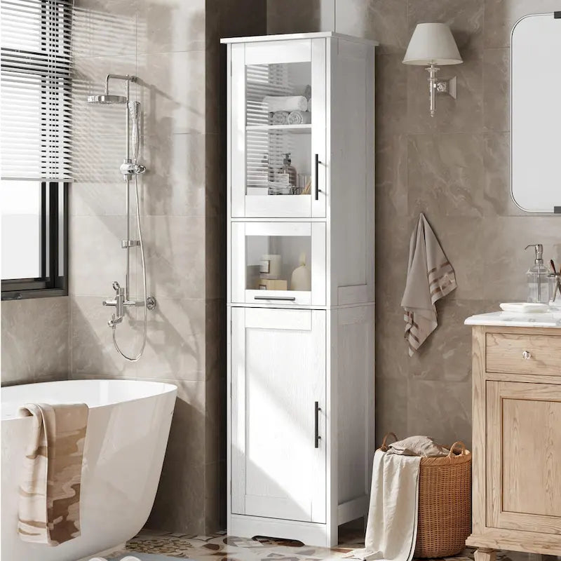 Meuble de salle de bain haut, Armoire de rangement étroite avec portes et étagère réglable