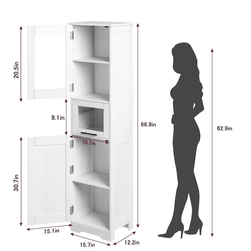 Meuble de salle de bain haut, Armoire de rangement étroite avec portes et étagère réglable