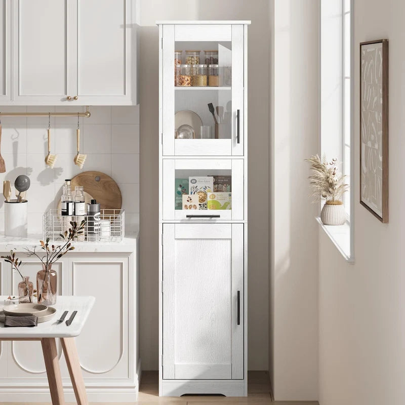 Meuble de salle de bain haut, Armoire de rangement étroite avec portes et étagère réglable