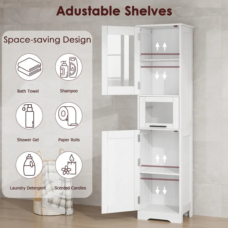Meuble de salle de bain haut, Armoire de rangement étroite avec portes et étagère réglable