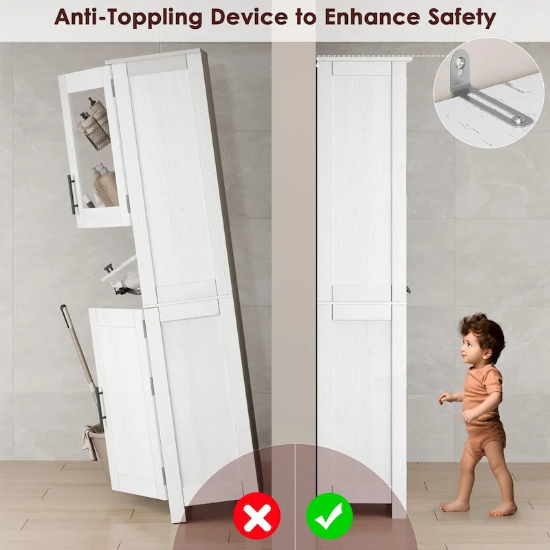 Meuble de salle de bain haut, Armoire de rangement étroite avec portes et étagère réglable