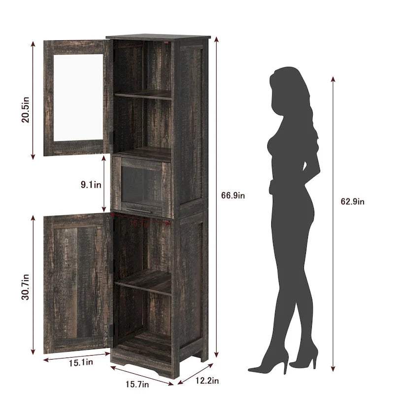 Meuble de salle de bain haut, Armoire de rangement étroite avec portes et étagère réglable