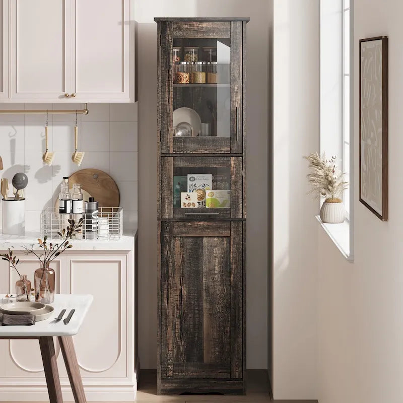 Meuble de salle de bain haut, Armoire de rangement étroite avec portes et étagère réglable