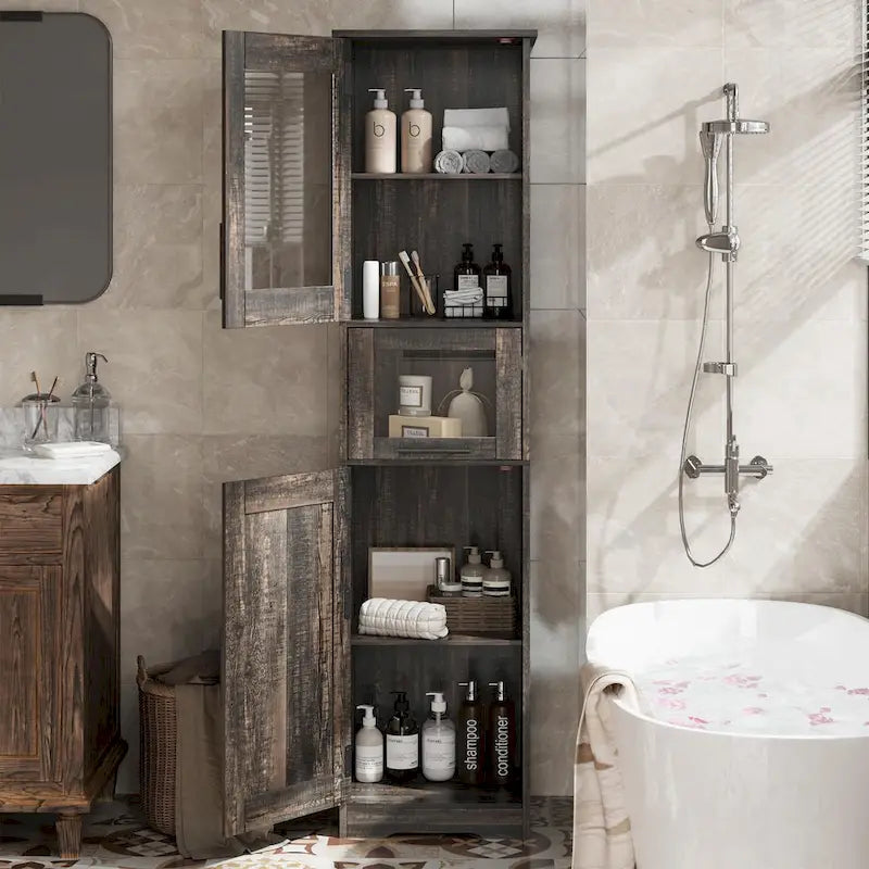 Meuble de salle de bain haut, Armoire de rangement étroite avec portes et étagère réglable