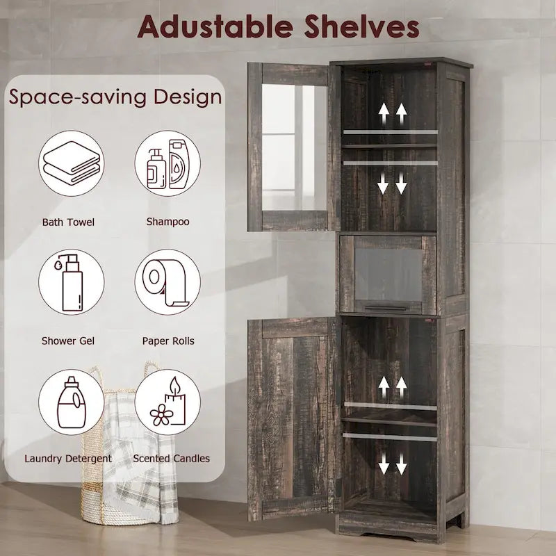 Meuble de salle de bain haut, Armoire de rangement étroite avec portes et étagère réglable