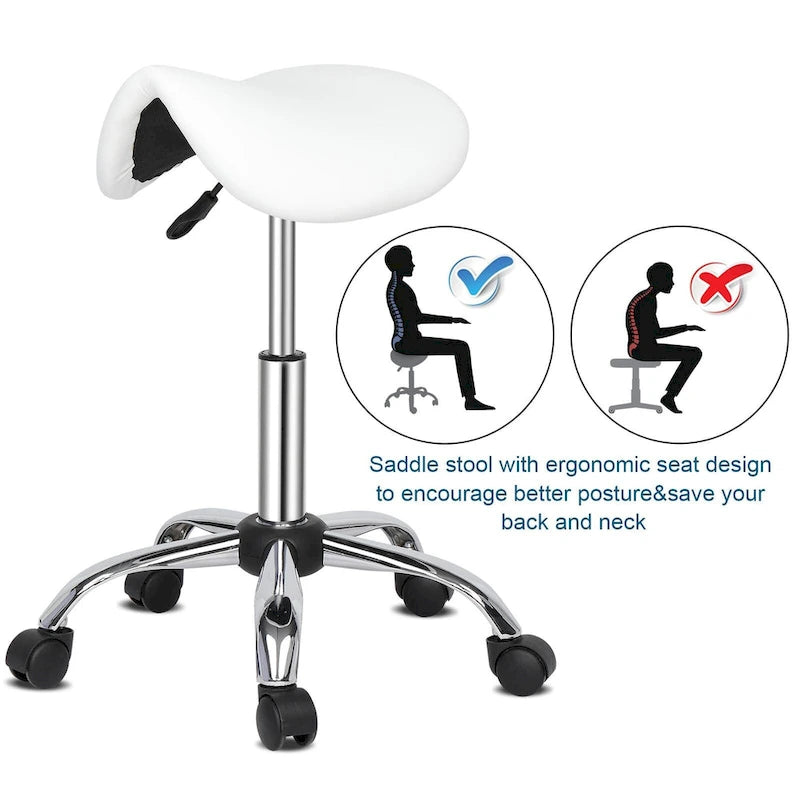 Tabouret de selle roulant réglable en cuir PU, chaise de salon à roulettes