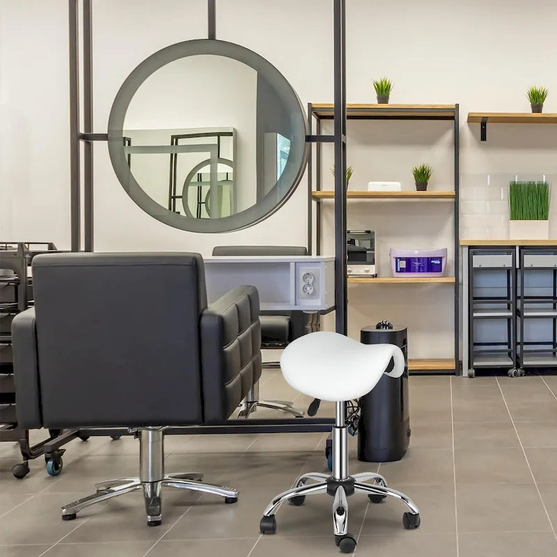 Tabouret de selle roulant réglable en cuir PU, chaise de salon à roulettes