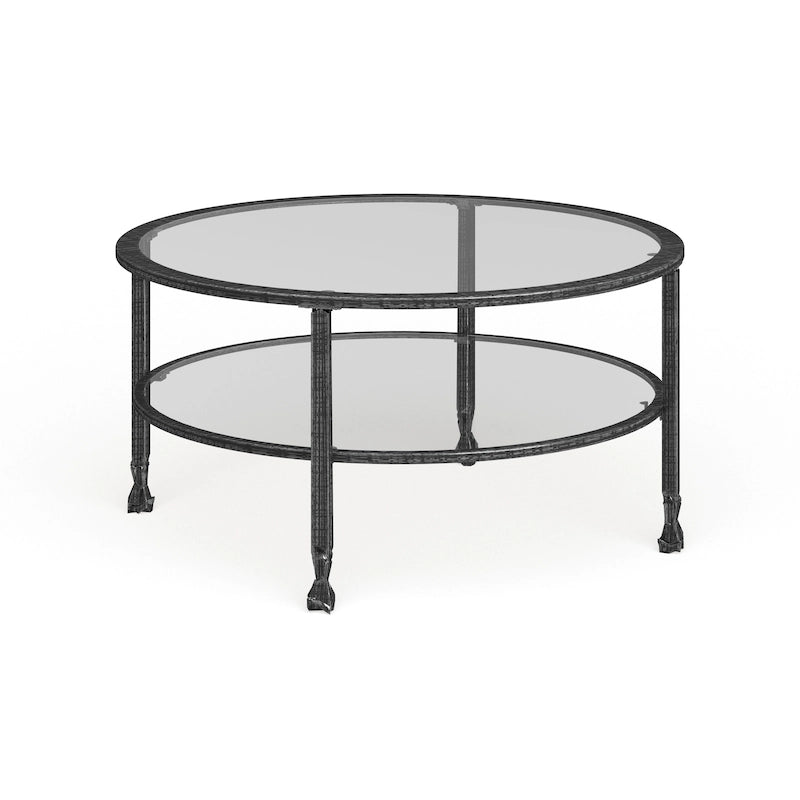 Table basse ronde en métal noir vieilli avec plateau en verre et étagère