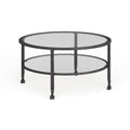 Table basse ronde en métal noir vieilli avec plateau en verre et étagère