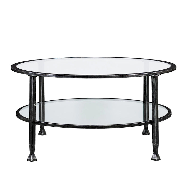 Table basse ronde en métal noir vieilli avec plateau en verre et étagère