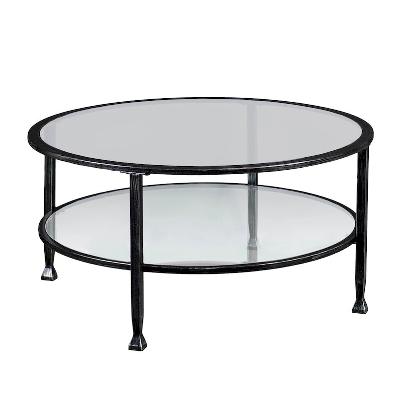Table basse ronde en métal noir vieilli avec plateau en verre et étagère