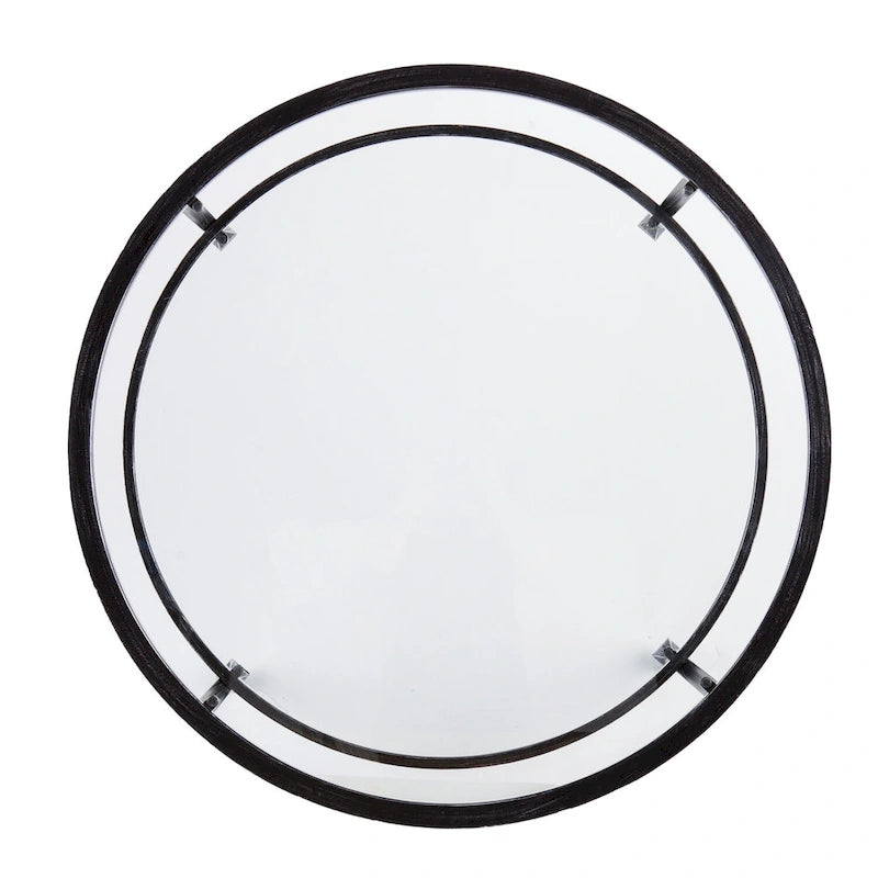 Table basse ronde en métal noir vieilli avec plateau en verre et étagère