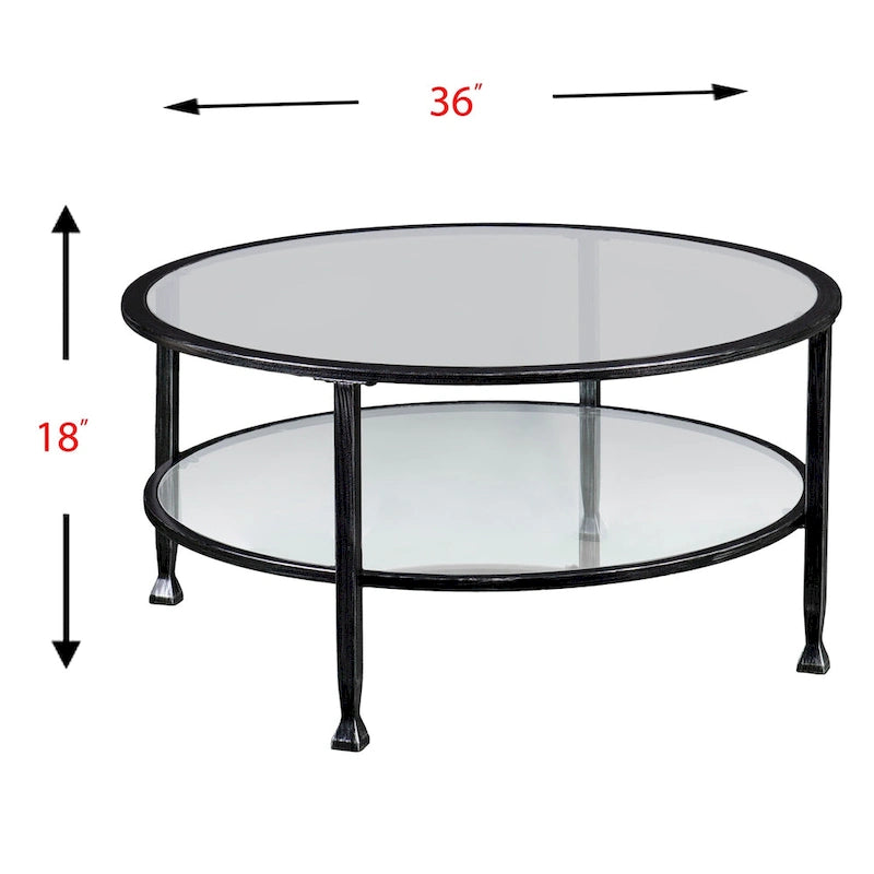 Table basse ronde en métal noir vieilli avec plateau en verre et étagère