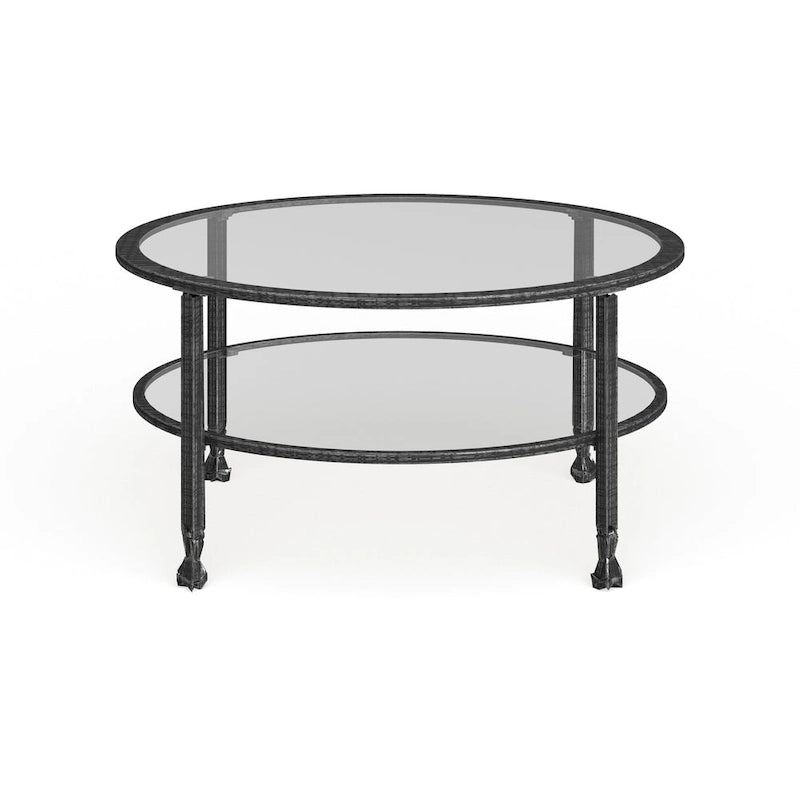 Table basse ronde en métal noir vieilli avec plateau en verre et étagère