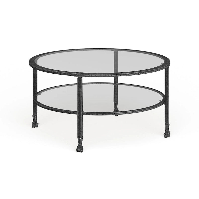 Table basse ronde en métal noir vieilli avec plateau en verre et étagère