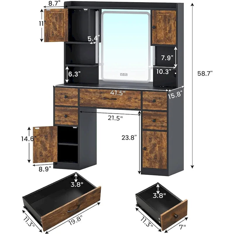 Coiffeuse 5 tiroirs avec miroir tactile et affichage de l'heure